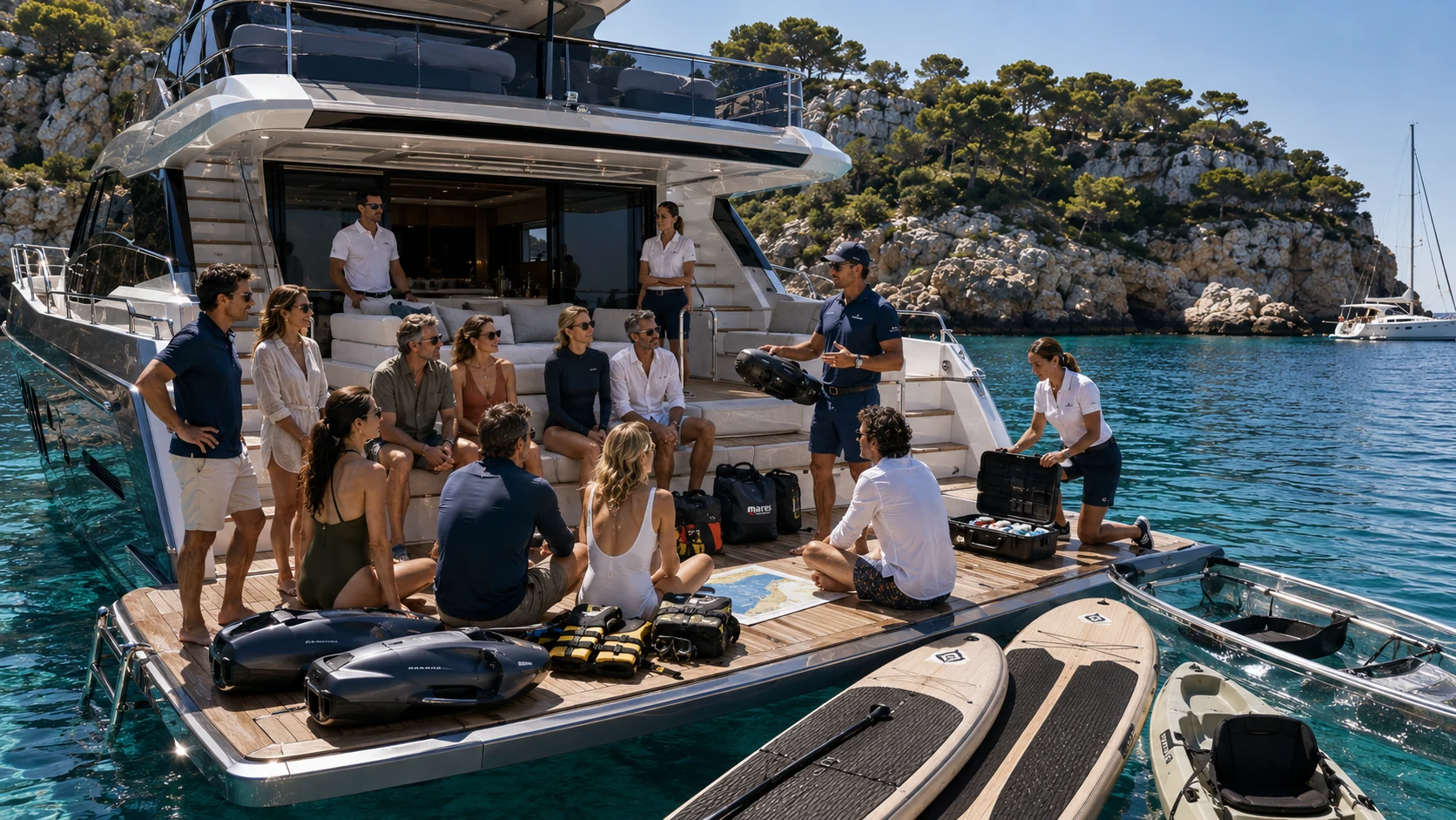 Adventure-Briefing auf der Badeplattform einer Motoryacht