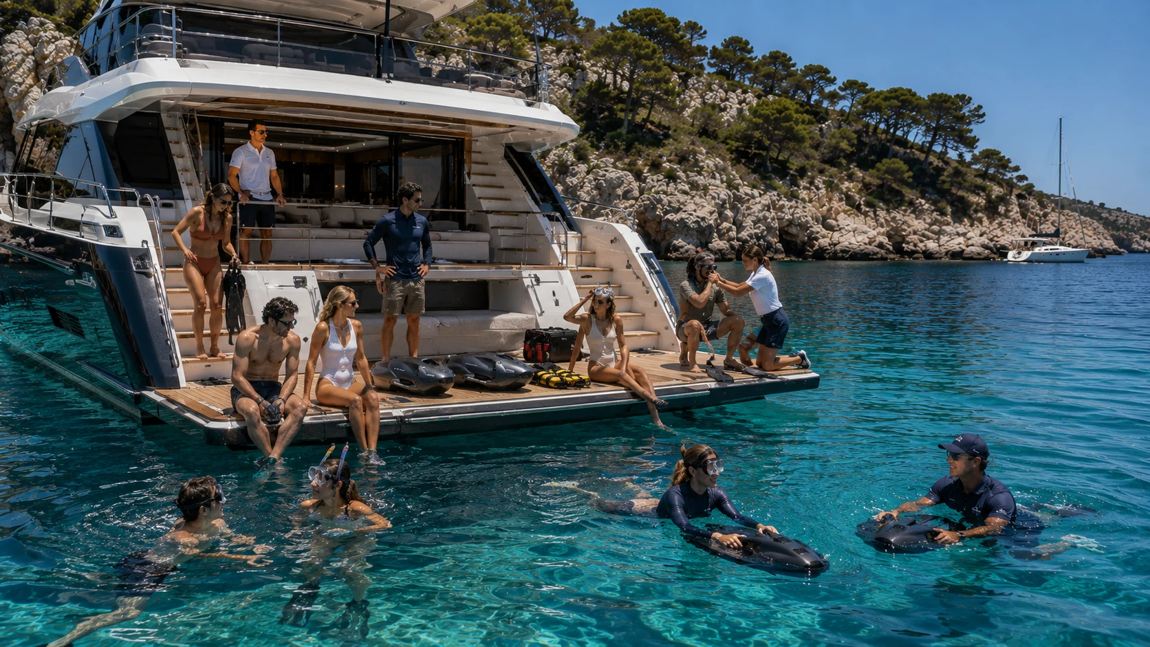 Gäste schnorcheln und nutzen Seabobs neben einer Yacht