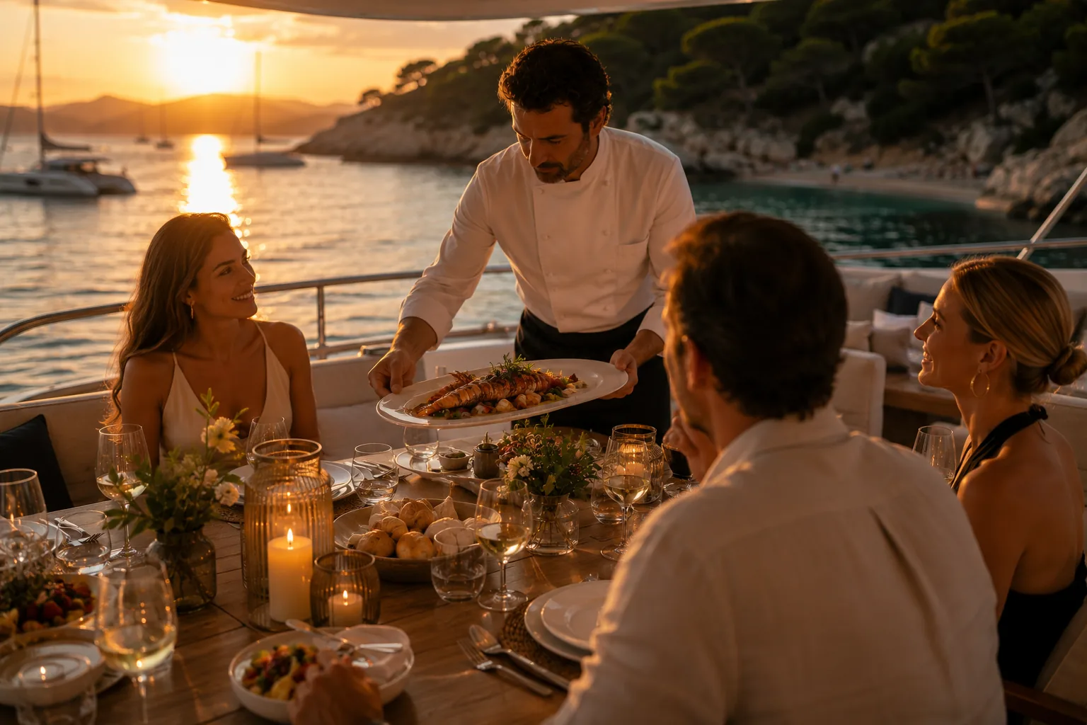Dinner bei Sonnenuntergang am Mittelmeer