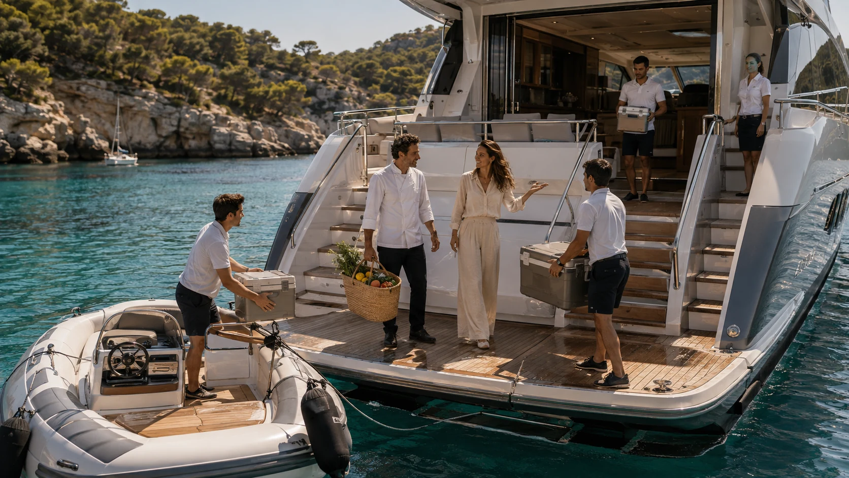 Chef und Zutaten kommen mit dem Tender an Bord der Yacht