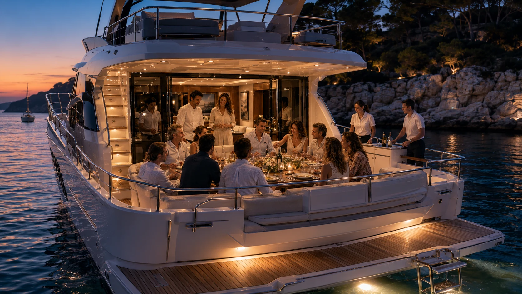 Gäste genießen ein gemeinsames Dinner auf dem Achterdeck einer Yacht