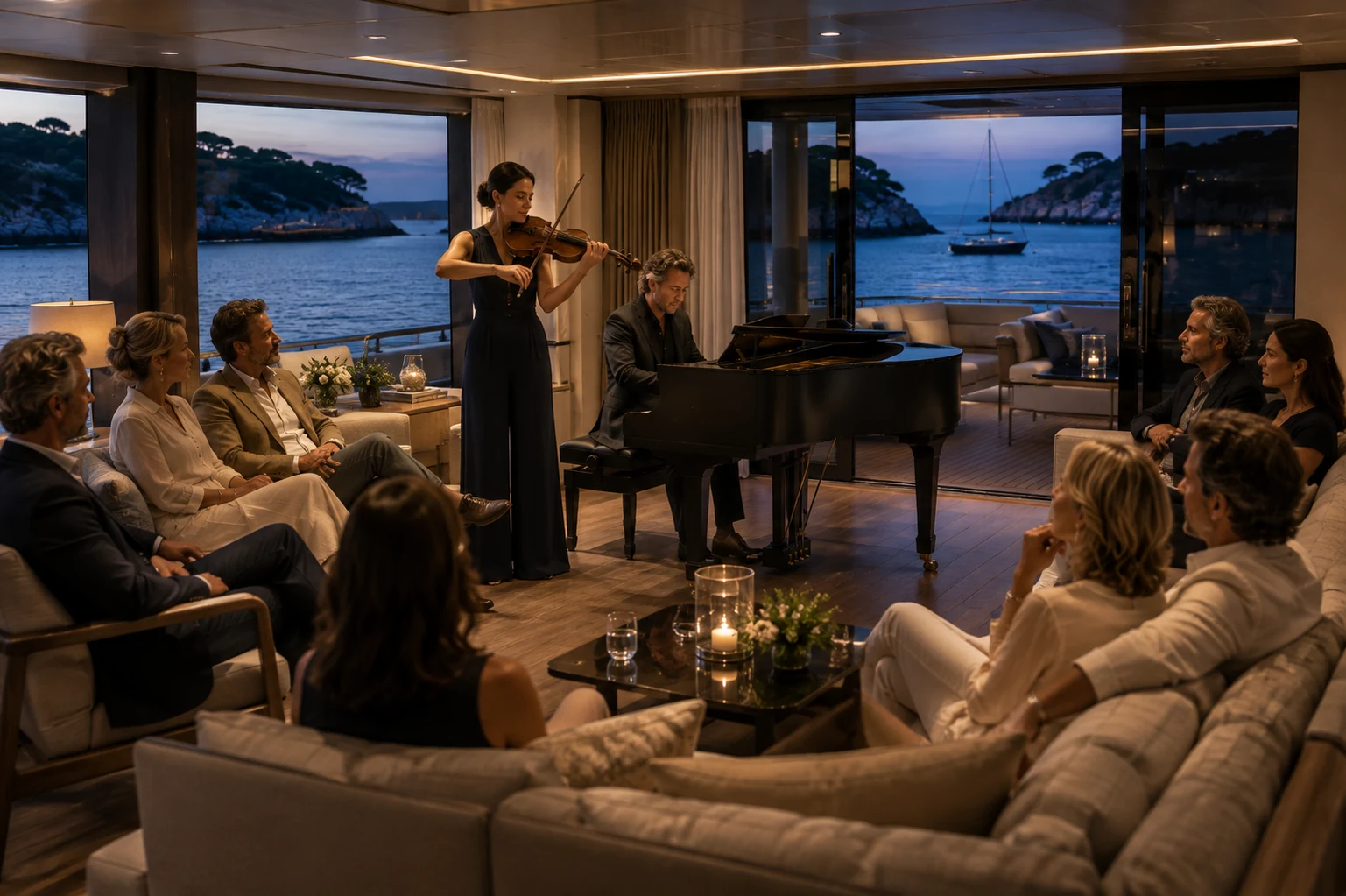 Violine und Klavier bei einem privaten Salonkonzert auf einer Yacht