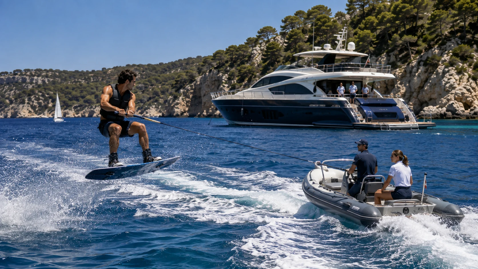 Wakeboarder making a controlled jump behind a support tender