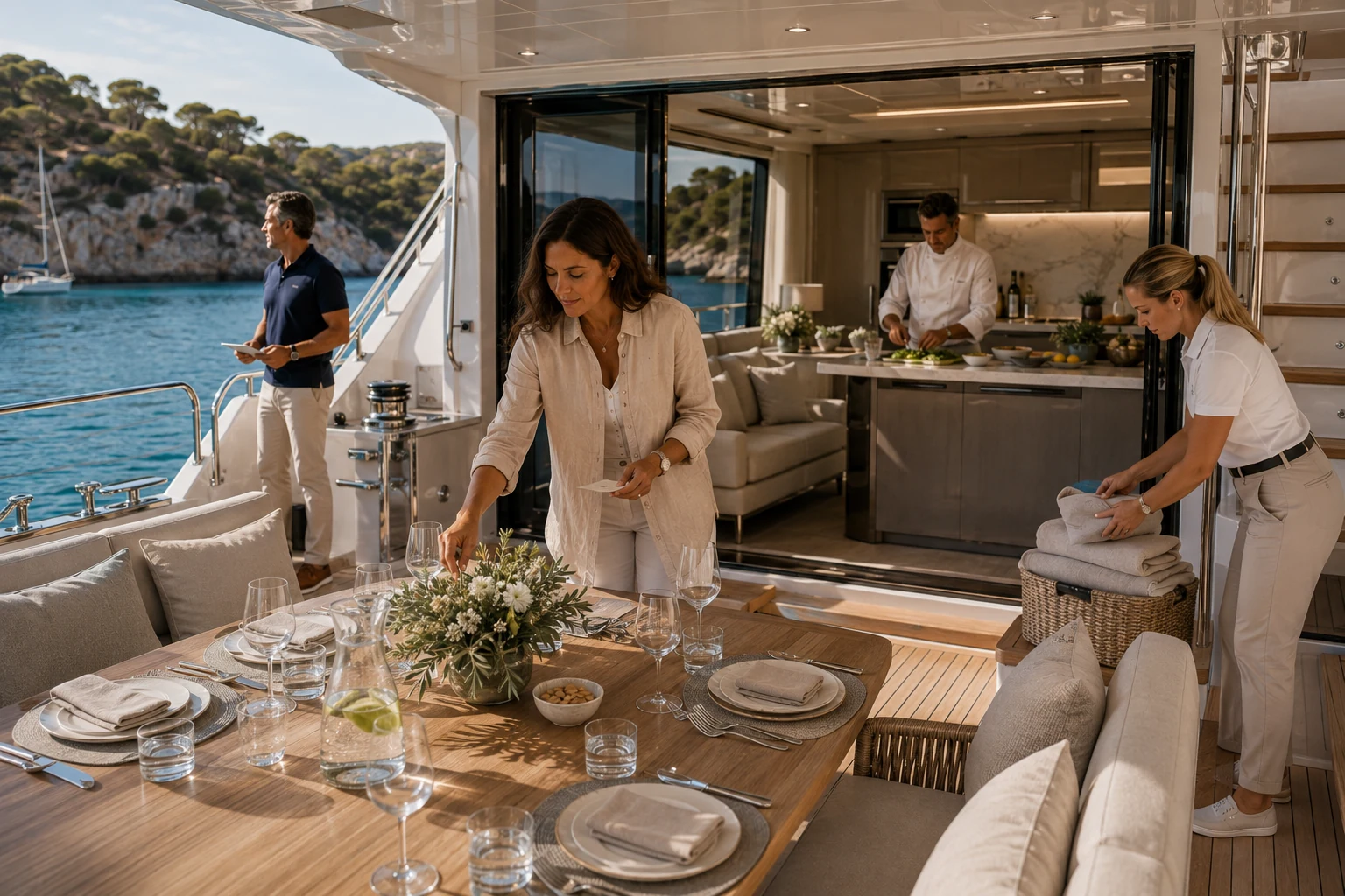 Host, captain, crew and chef preparing a yacht