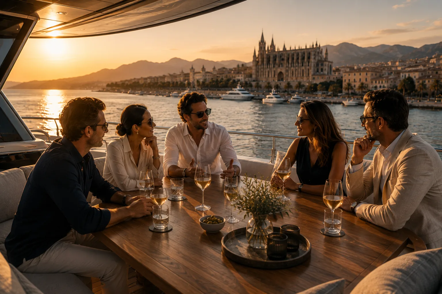 Friends and family sharing an anniversary dinner at sunset