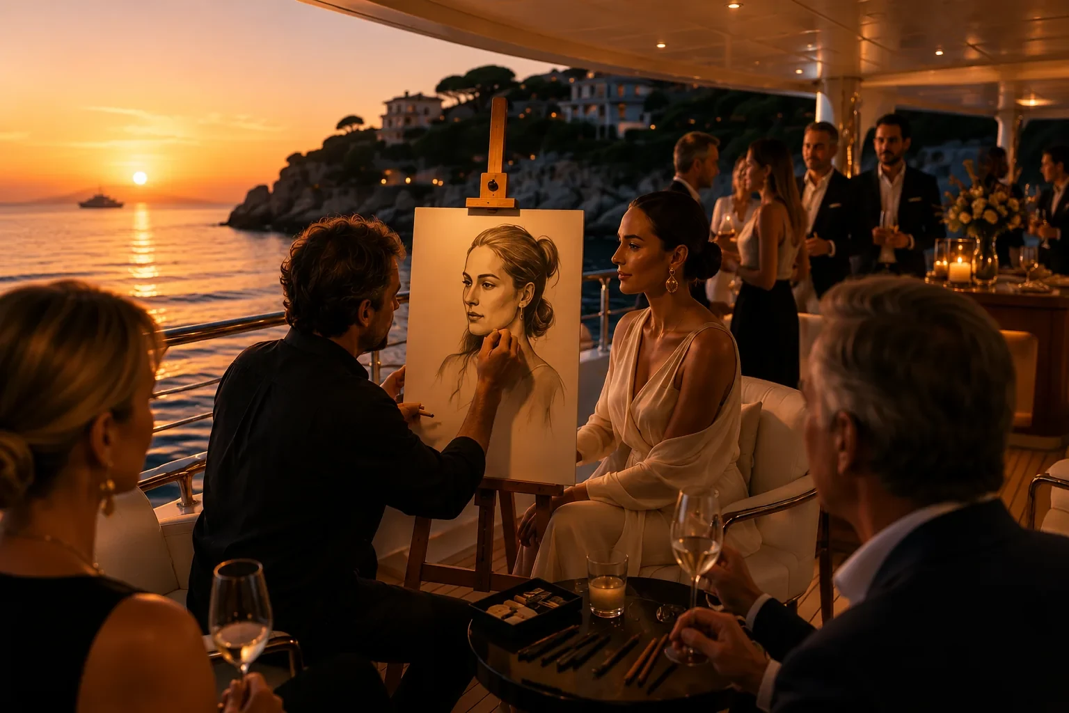Artist creating a live portrait before a private audience