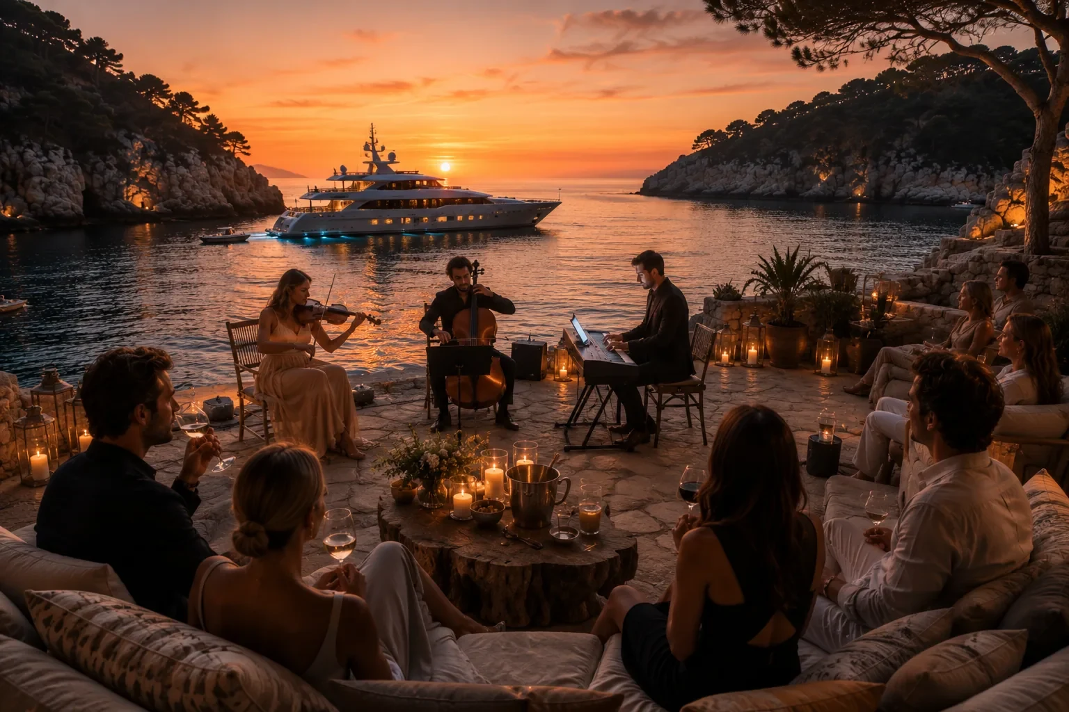 Private chamber concert beside the coast at sunset