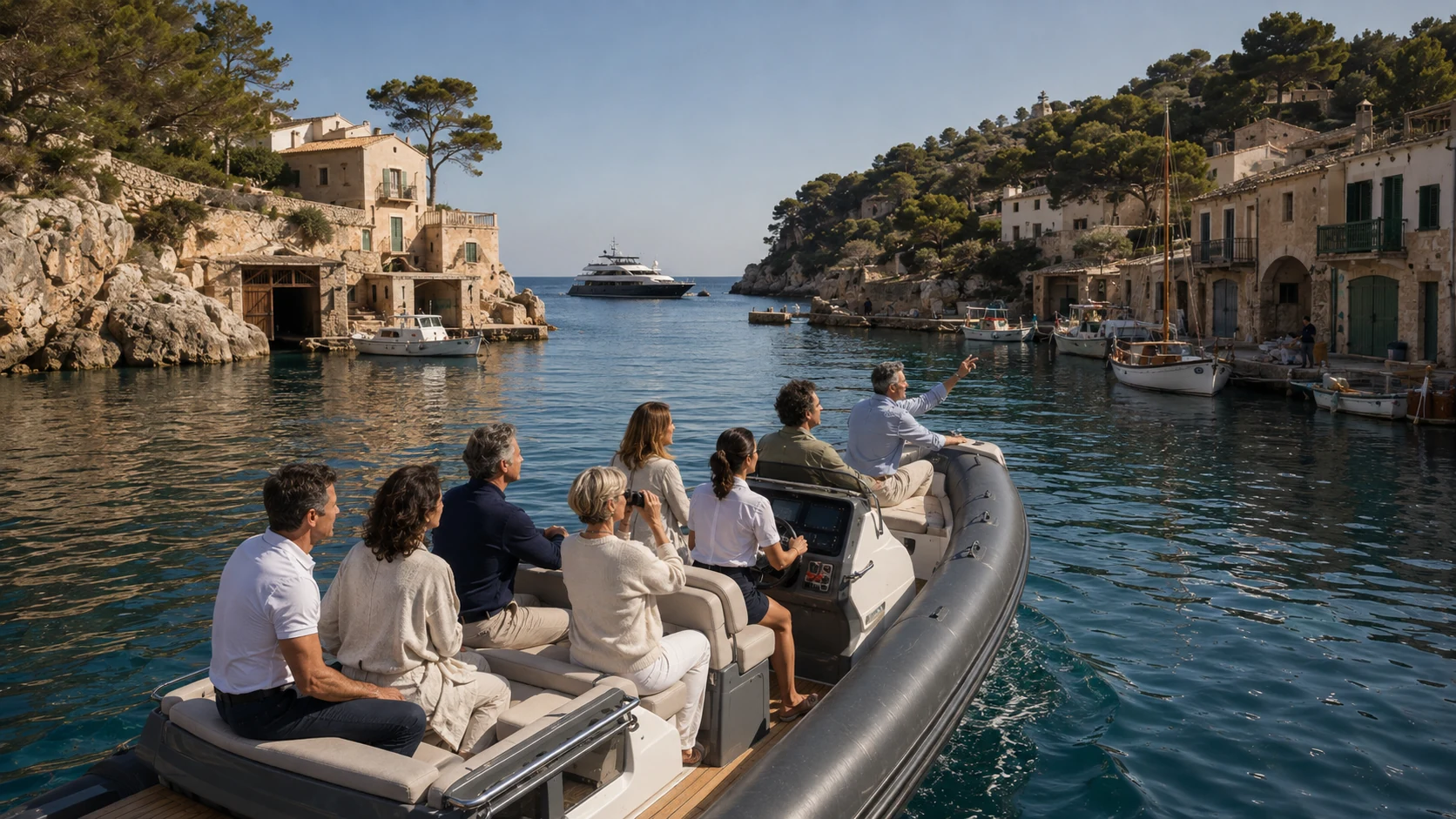 Guests approaching a historic fishing harbour by tender