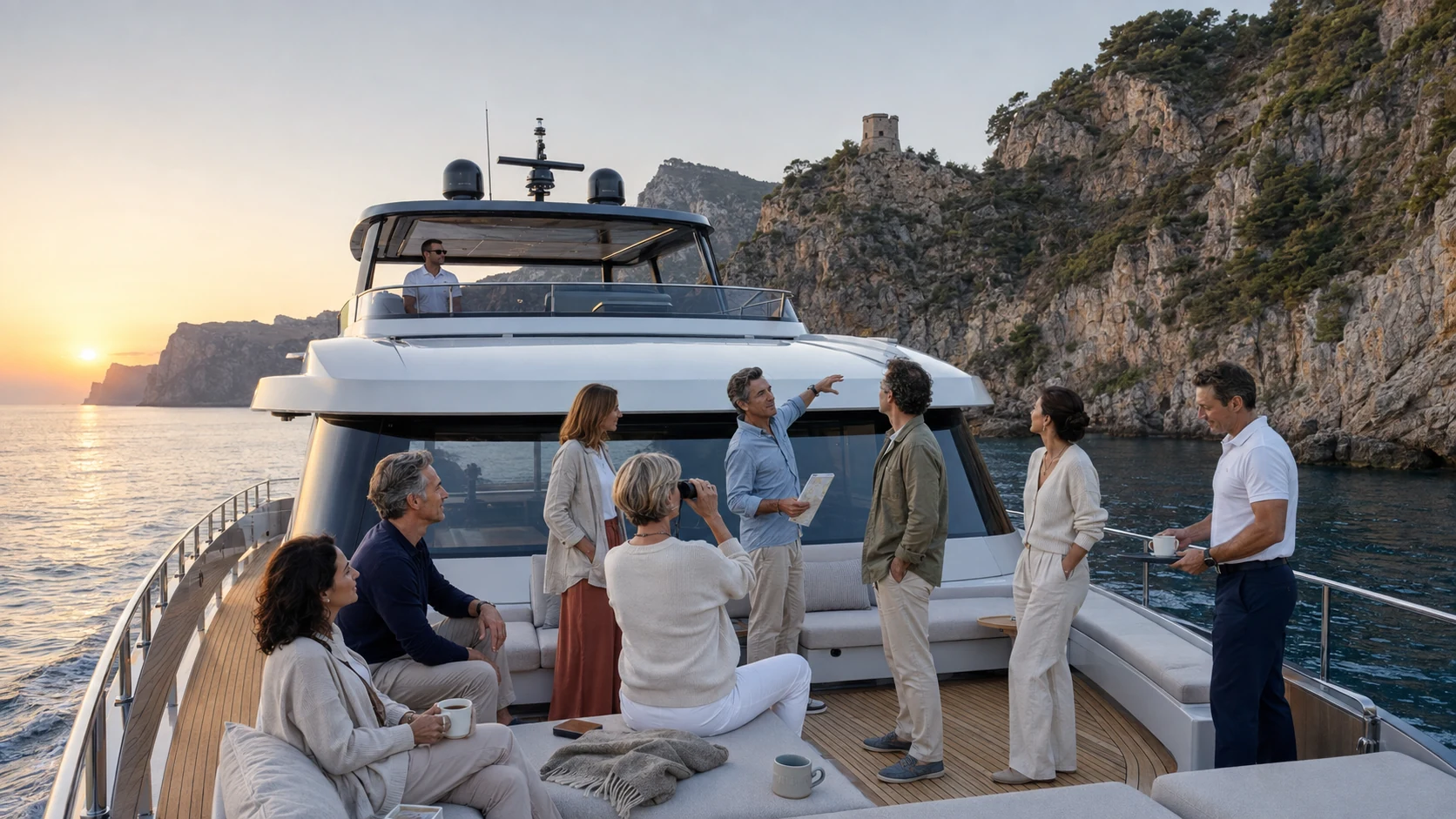 Local guide explaining the Mallorcan coast to guests on a yacht foredeck