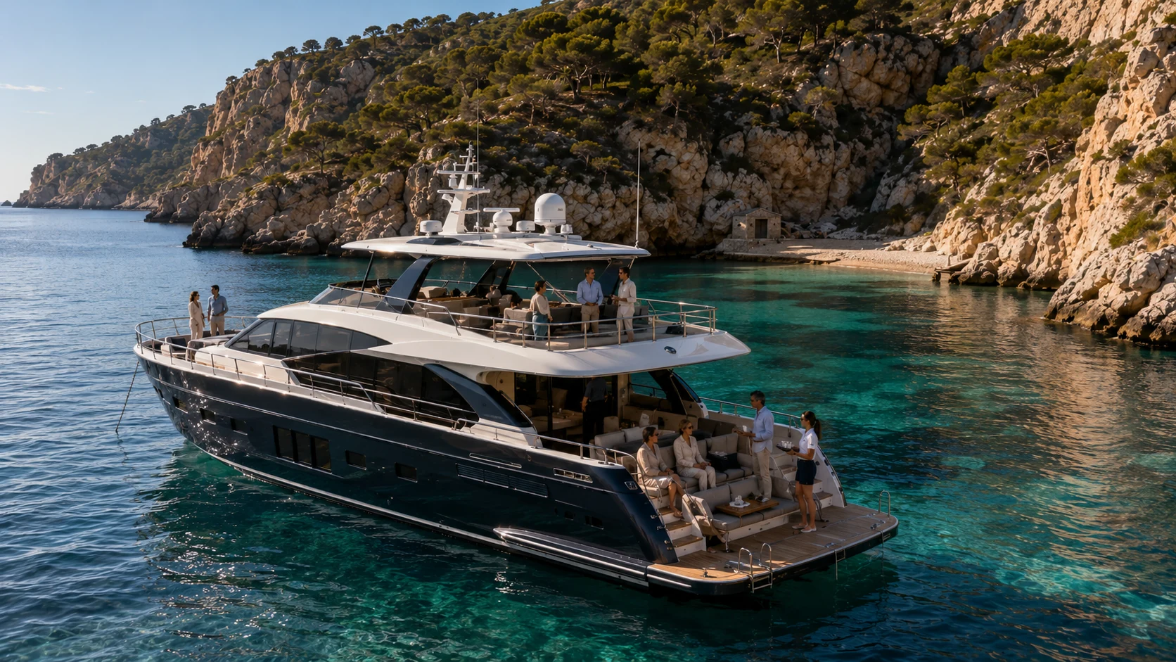 Crossover yacht in a hidden Mallorcan anchorage