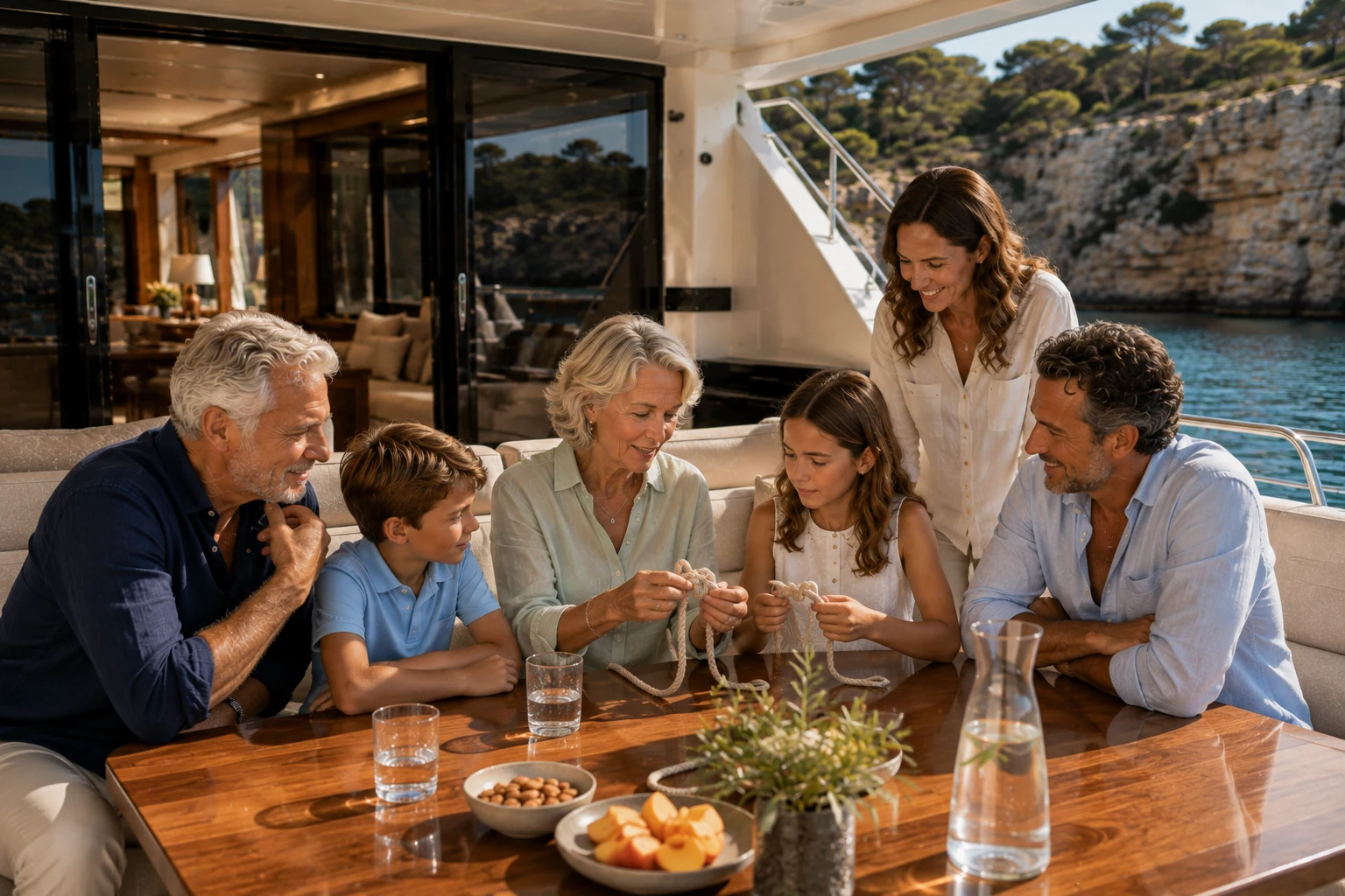 A grandmother showing her granddaughter a simple nautical knot